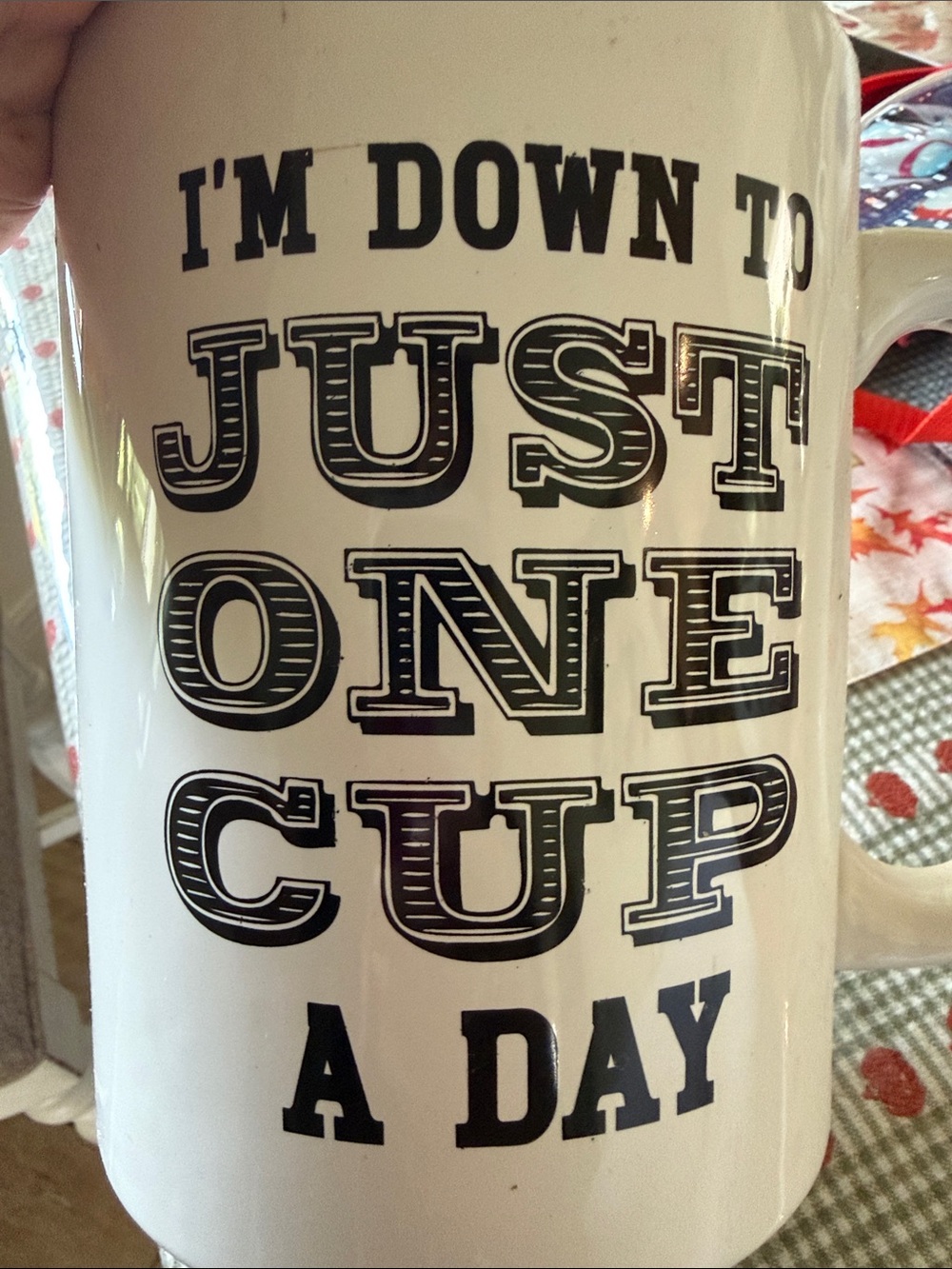 White Ceramic Mug with Black Text - 'Just One Cup a Day'